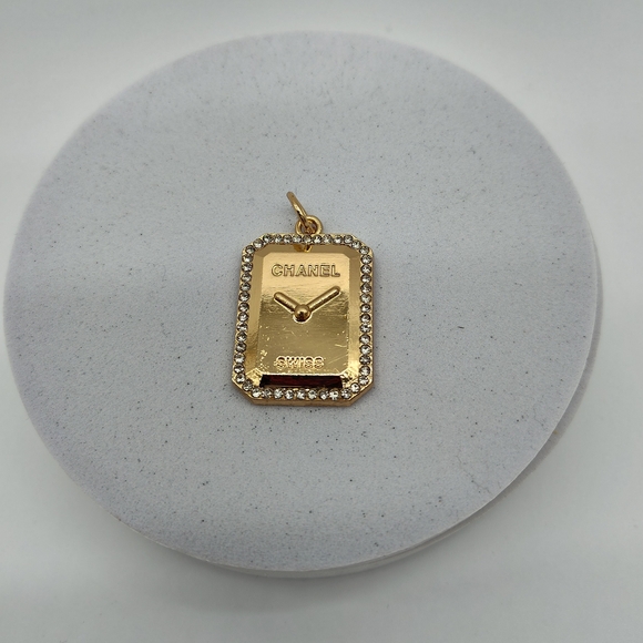 CHANEL Vintage Gold Swiss Watch Face Crystal Charm Pendant Karl Lagerfeld Era